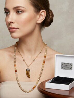 Ali Khan Style: 2-Piece Layering Necklace Set (Gold & Honey Tone) with gift box